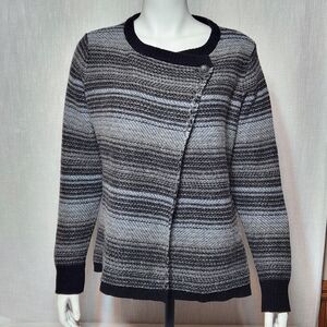 Woolrich Lambs Wool Cardigan Striped Black Gray Buttons Classic Large